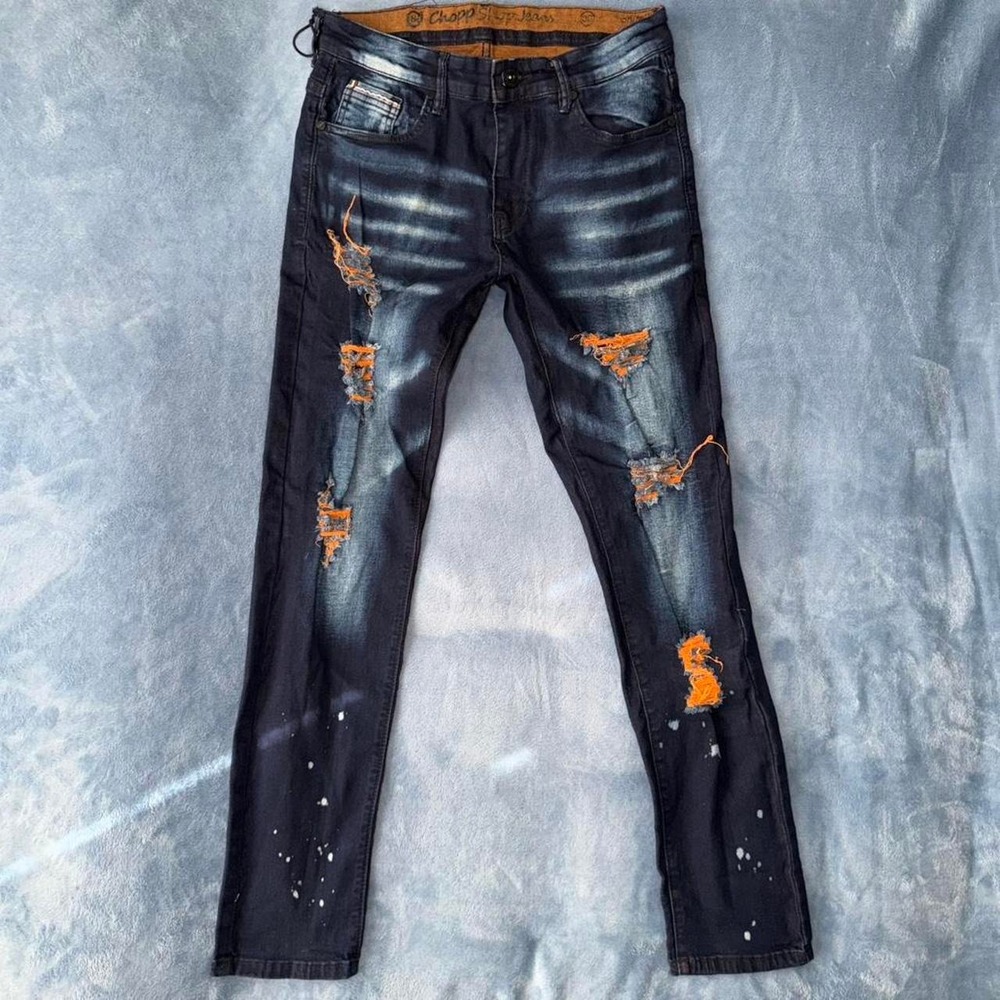 Chop‎ shop Black & orange distressed skinny jeans with paint splatter details